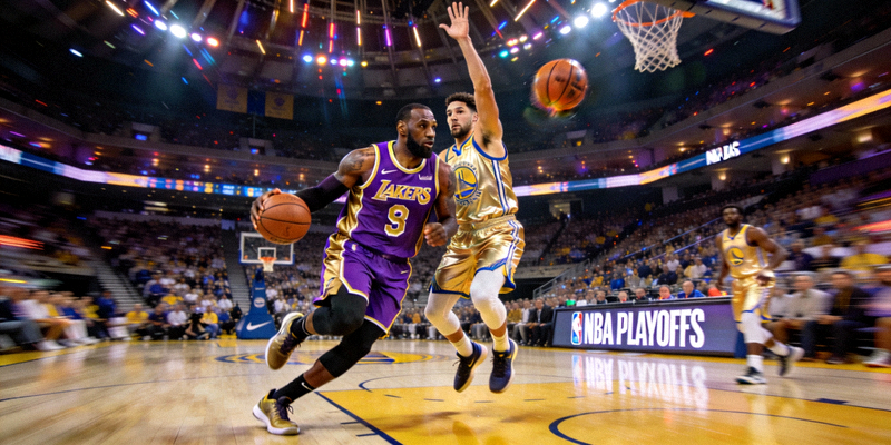 NBA季后赛湖人队与勇士队球员在场上激烈对抗的瞬间